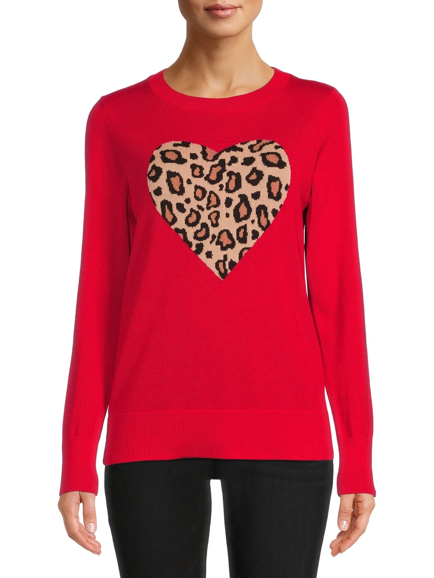 Time and Tru Women's Red Leopard Heart Sweater - Walmart.com | Walmart (US)