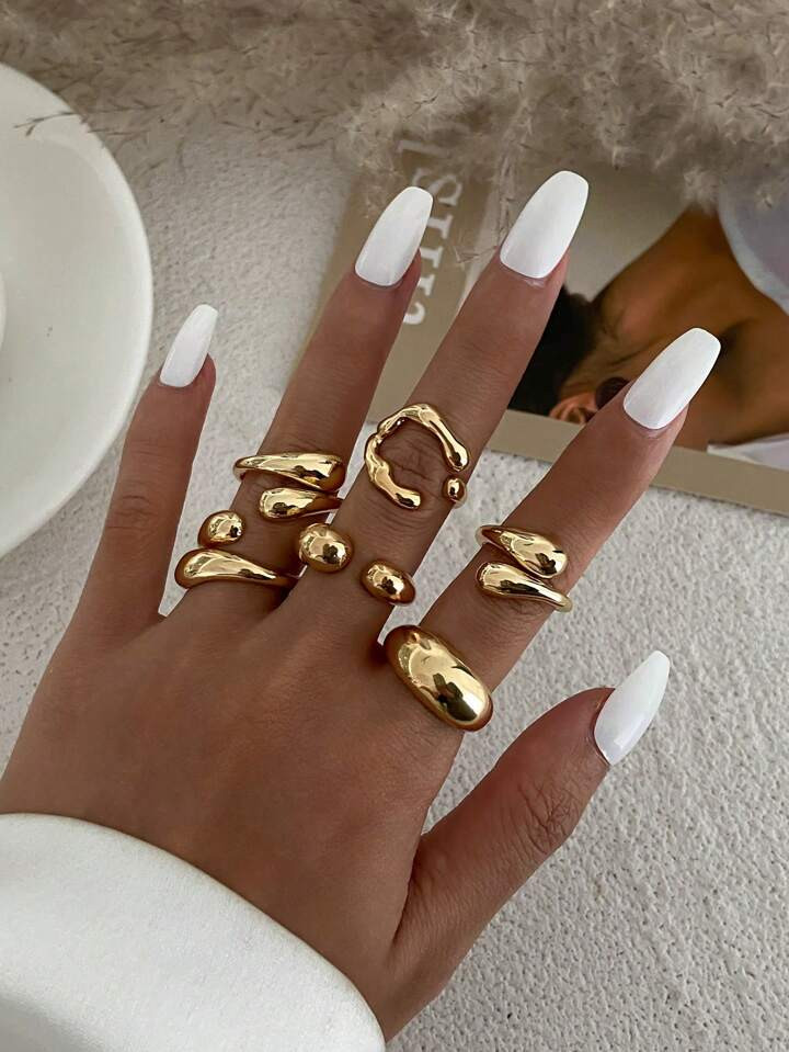 6pcs/Set Vintage Minimalist Alloy Molten Lava Teardrop Design Open Rings, Asymmetrical Fashionable Thick Metal Gold Tone Ring Set, Suitable For Women's Daily Commute, Holiday Gifts, Party Decoration, Charming Jewelry Gift Set | SHEIN