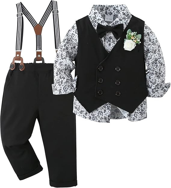 YALLET Toddler Baby Boy Clothes Suit Gentleman Wedding Outfits, Formal Dress Shirt+Bowtie+Vest+Bo... | Amazon (US)
