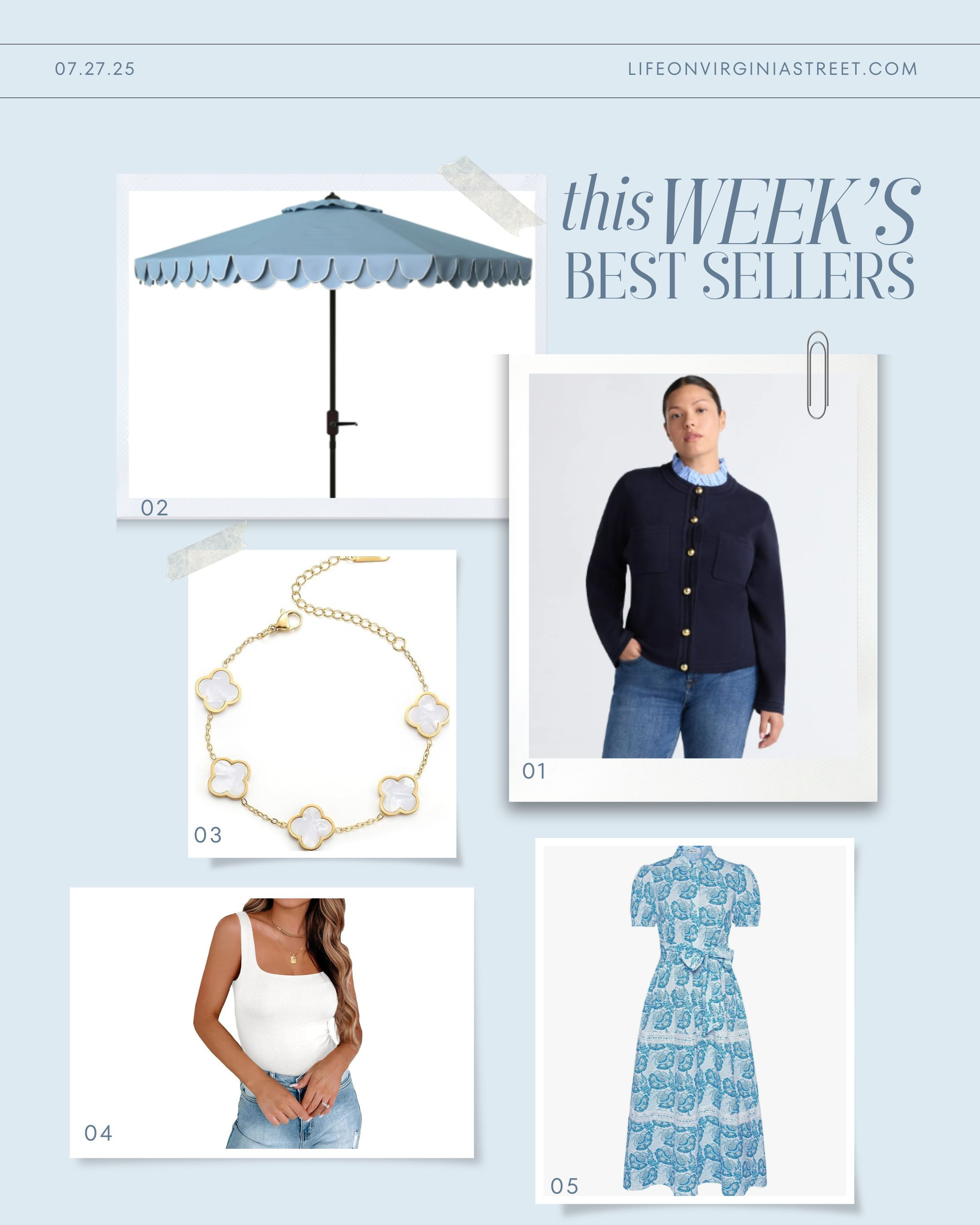 This week's bestsellers include a chic lady jacket with ruffle collar (so affordable!), our favorite light blue scalloped umbrella, a designer look for less clover bracelet, a double lined square neck tank, and a cute block print style shirtdress. #ltkhome #ltkfindsunder50 #ltkfindsunder100 #ltksalealert #ltkstyletip #ltkover40 #ltkmidsize #ltkseasonal 

 

#LTKSeasonal #LTKSaleAlert #LTKFindsUnder50