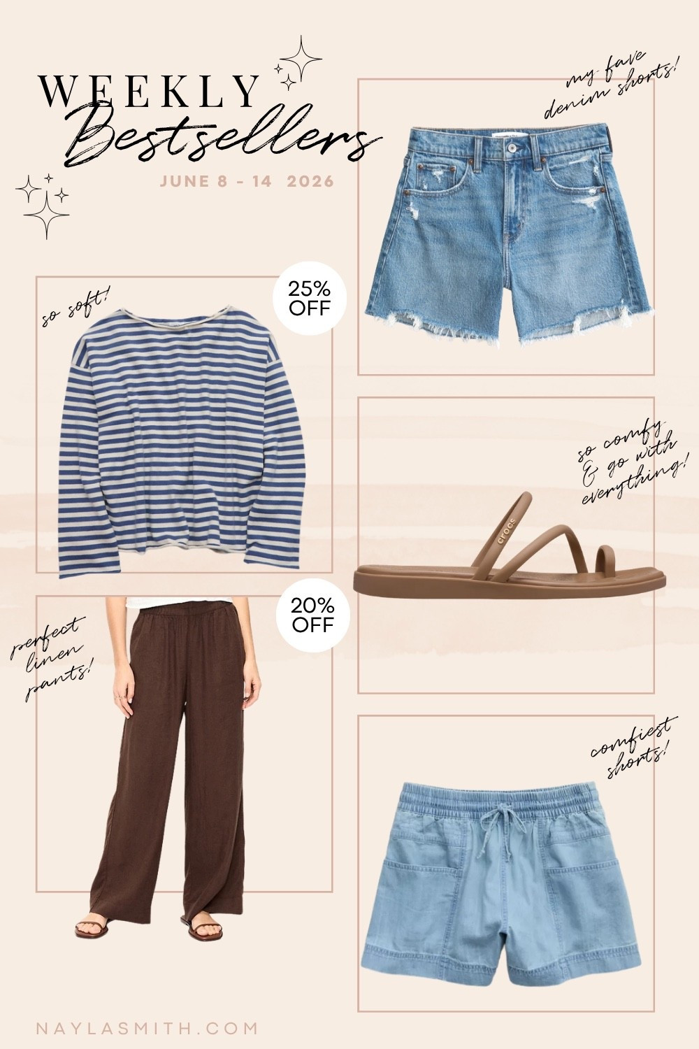 Weekly Bestsellers! My fave denim shorts (I sized up to 32 for a comfy fit), Crocs toe loop sandals (I’m a 9.5-10 and wear a 10, Canadian link under similar products), comfy pull on shorts (I wear L), linen wide leg pants (I wear L, Canadian link under similar products), striped sweater

#LTKsummer #LTKsale #LTKshoes