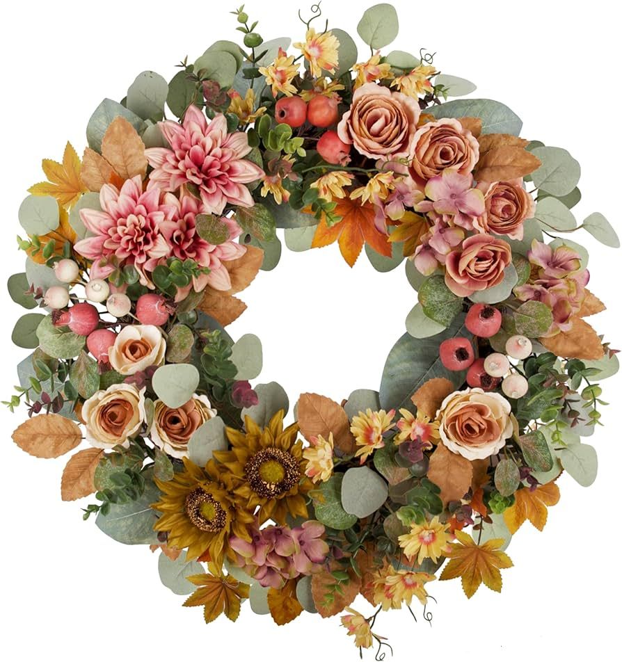 24" Fall Wreath for Front Door, Handmade with Faux Dahlia Camellia Sunflower Eucalyptus Maple Lea... | Amazon (US)