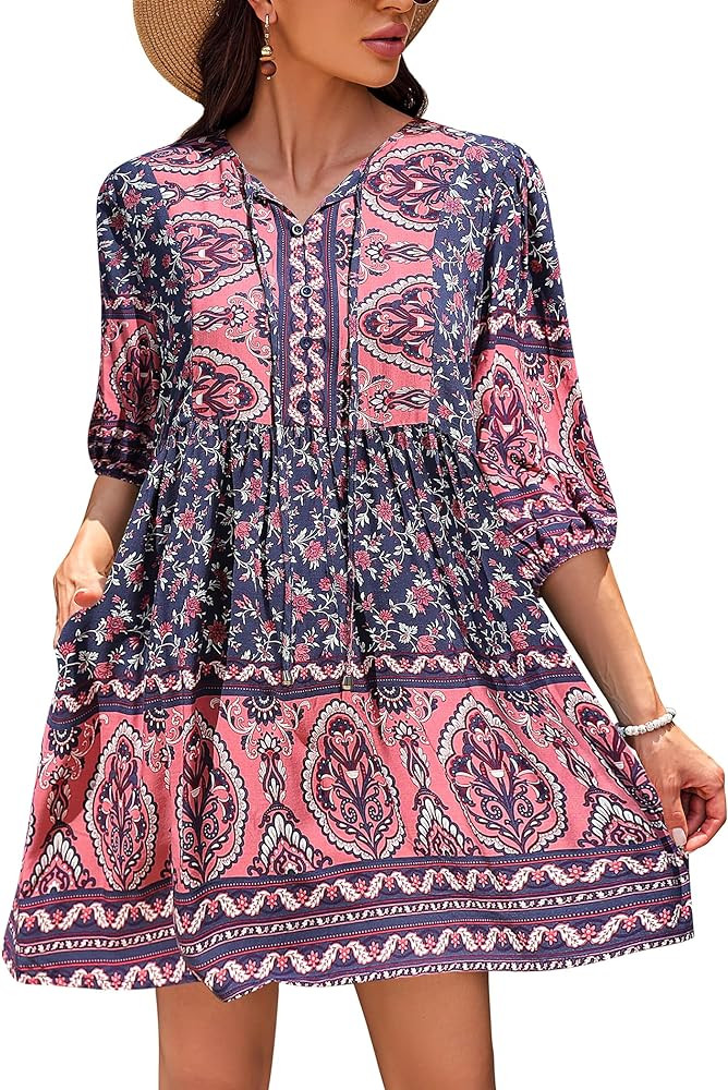 Chigant Women's Summer Boho Dress with Pockets Casual Loose Vintage Floral Swing 3/4 Sleeve V Nec... | Amazon (US)