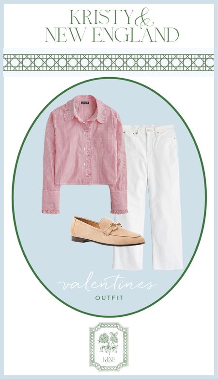 Pink ruffle shirt, wide leg white jeans, light tan loafers

#LTKover40 #LTKSeasonal #LTKshoecrush