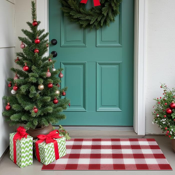 Buffalo Plaid Area Rug, Checkered Rug 3x5 Ft, Red and White Rug, Washable Cotton Mat for Front Po... | Amazon (US)