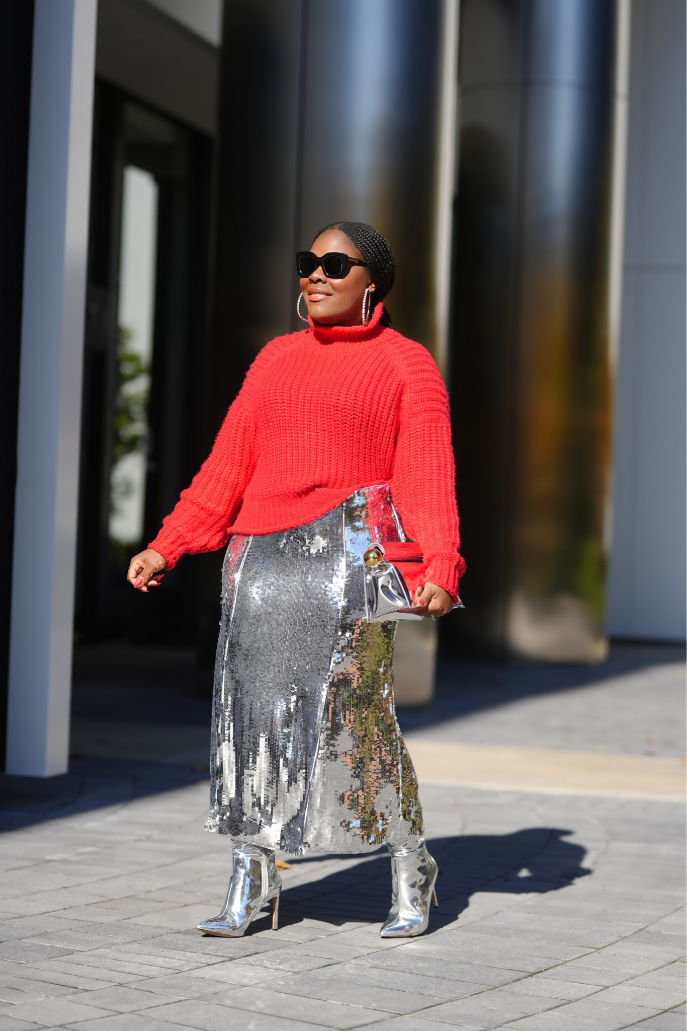 Holiday party outfit idea , sequin skirt , metallic skirt , silver metallic boots , silver boots , red sweater, metallic outfit, boots outfits , trending now , color trend , silver trend 

#LTKHoliday #LTKparties #LTKSeasonal