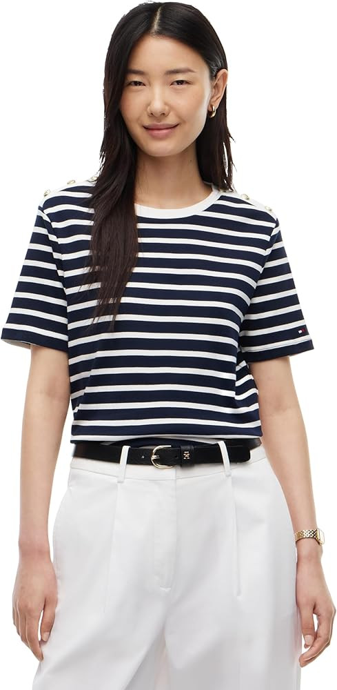 Tommy Hilfiger Women's Short Sleeve Cotton Graphic Crew Neck T-Shirt with Button Embellished Shou... | Amazon (US)