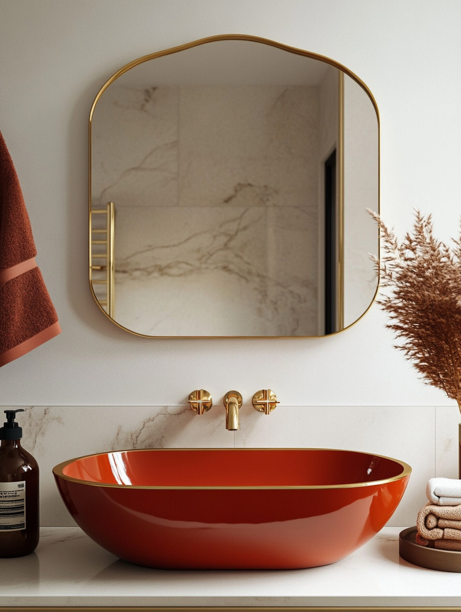 Create a bold, unforgettable powder room that feels straight out of a high-end hotel or an upscale restaurant with this striking basin and gold-accented design. The sculptural bowl sink becomes the focal point, instantly setting a dramatic, design-forward tone, while the gold-framed mirror and matching gold hardware add warmth, reflection, and refined luxury. This combination of rich color, metallic accents, and clean surfaces delivers a confident, elevated look that feels intentional and indulgent without being overdone. Perfect for powder rooms and statement bathrooms, this style proves that small spaces are where you can take the biggest design risks—and achieve the most impact—with a bold basin, cohesive gold finishes, and a carefully curated palette.

#LuxuryBathroomDesign #HotelStyleInteriors #StatementPowderRoom 

 #LTKHome