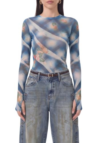 AFRM Women's Kaylee Sheer Mesh Long Sleeve Crew Neck Top, Blue Floral Plaid, Large | Amazon (US)