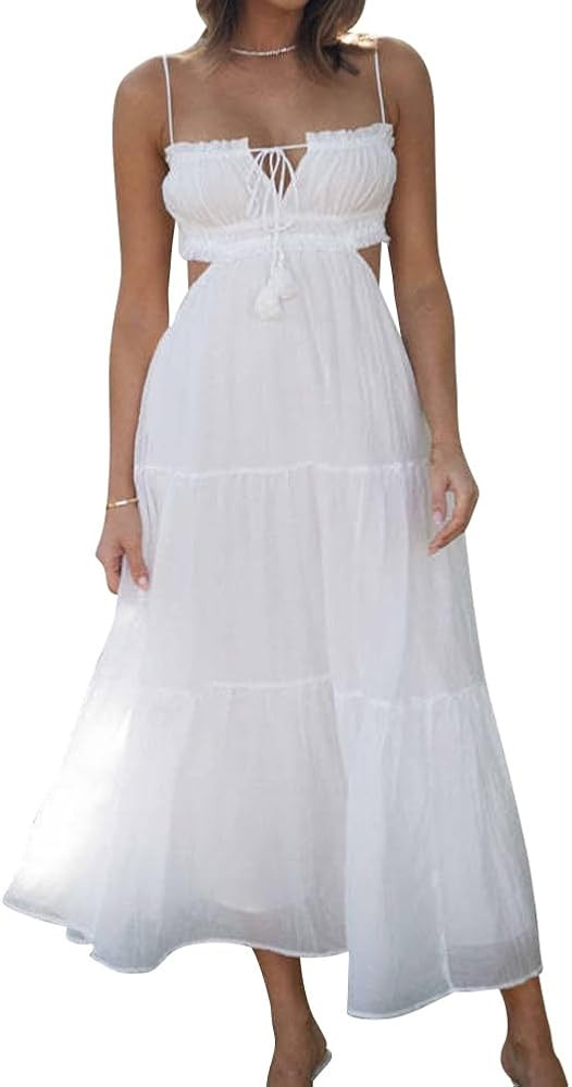 IDOPIP Women Summer Cutout Boho Dress Sleeveless Spaghetti Straps Maxi Dress Sexy Backless Side C... | Amazon (US)