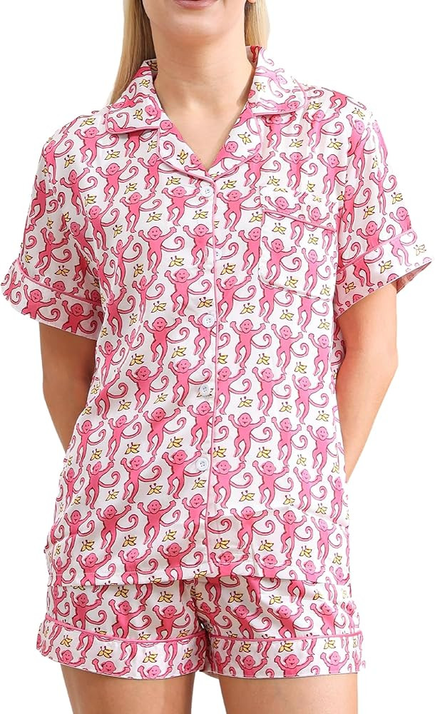 Women Y2k Pajamas Set Silk Satin Short Sleeve Button Down Top and Shorts Monkey Sleepwear Preppy ... | Amazon (US)