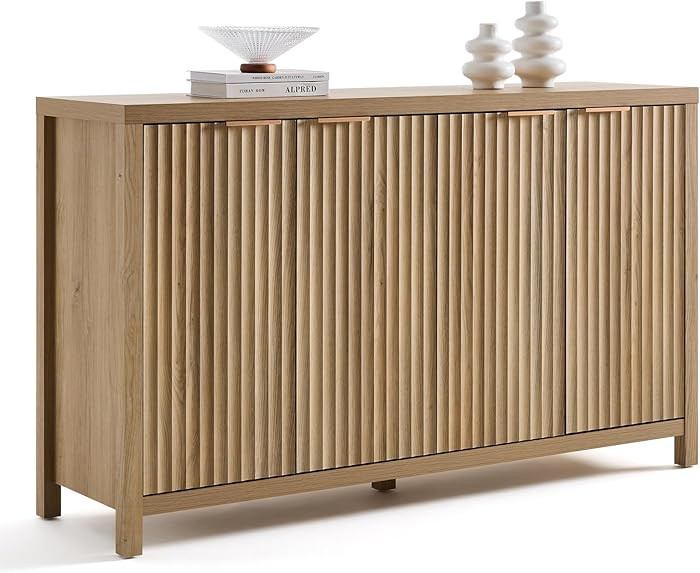 Buffet Cabinet Fluted Sideboard 56" Accent Cabinet with Adjustable Shelves 4 Doors Modern Storage... | Amazon (US)
