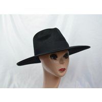 4 Inch Large Flat Brim Black Brushed Wool Felt Fedora/Fashion Rancher Hat | Etsy (US)