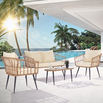 SANSTAR 4 Piece Wicker Patio Conversation Set with Cream Cushion | Lowe's