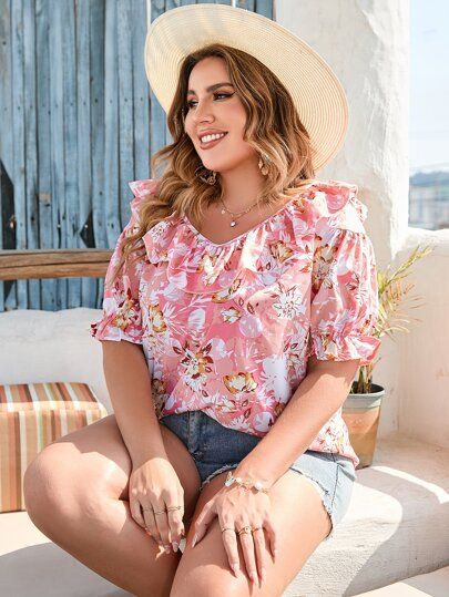 New
     
      Plus Floral Print Ruffle Trim Flounce Sleeve Blouse | SHEIN