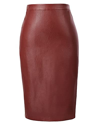 Kate Kasin Women Faux Leather Skirts Stretchy Office Pencil Skirt Wine Red | Amazon (US)