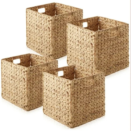 Casafield 12" x 12" Water Hyacinth Storage Baskets, Natural - Set of 4 Collapsible Cube Organizers, Woven Bins for Bathroom, Bedroom, Laundry, Pantry, Shelves | Walmart (US)
