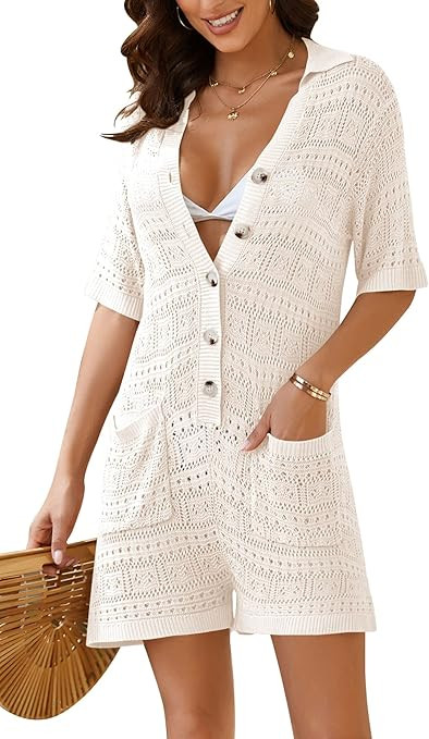 Jauoop Womens Summer Swimsuit Cover Up Hollow Out Swimwear Beach Bathing Suit Crochet Knit Beach ... | Amazon (US)