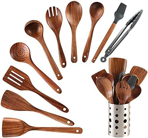 Wooden Cooking Utensil Set 11PCS Kitchen Cooking Tools Spoon & Spatula Mix Nonstick Kitchen Gadge... | Amazon (US)