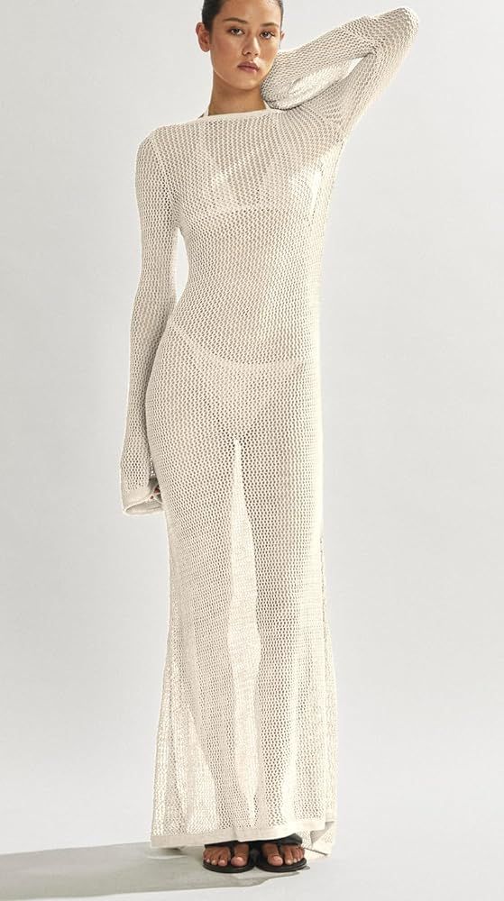 Saodimallsu Womens Crochet Cover Ups Long Sleeve Sexy Mesh Backless Knit Swimsuit Coverup Beach Maxi Dress | Amazon (US)