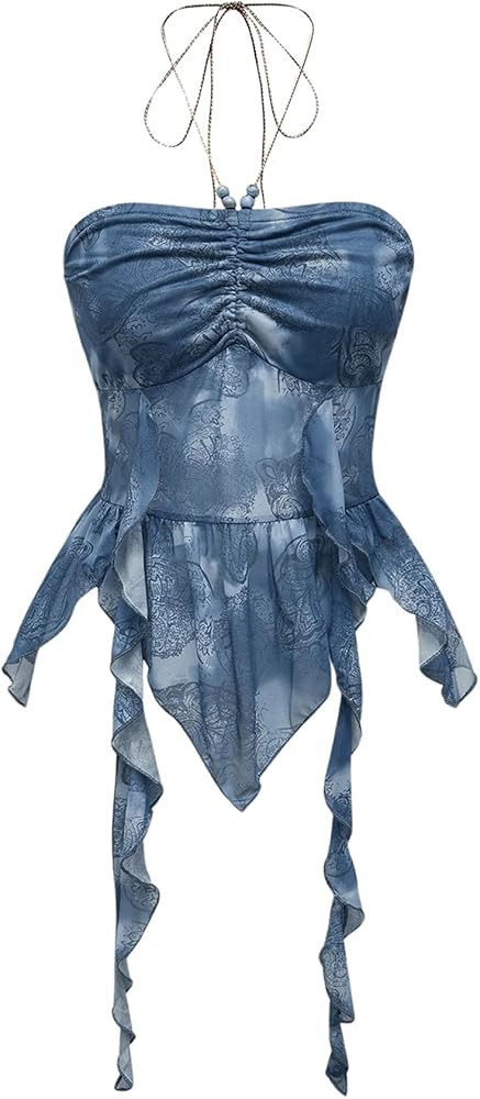 GORGLITTER Women's Halter Crop Y2k Tube Tops Asymmetrical Ruffle Hem Backless Cami（Runs Small, Please Size Up） | Amazon (US)