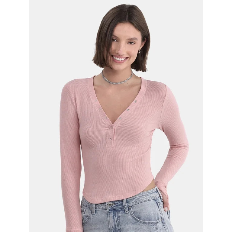 No Boundaries Henley Button Up Snap With Thumbholes Top, Women's | Walmart (US)