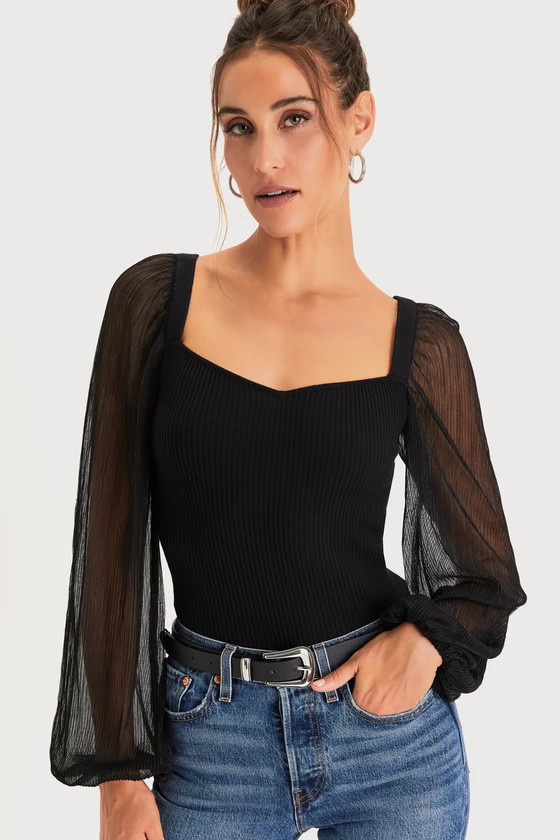 Sweet Edge Black Ribbed Mesh Balloon Sleeve Sweater Top | Lulus (US)