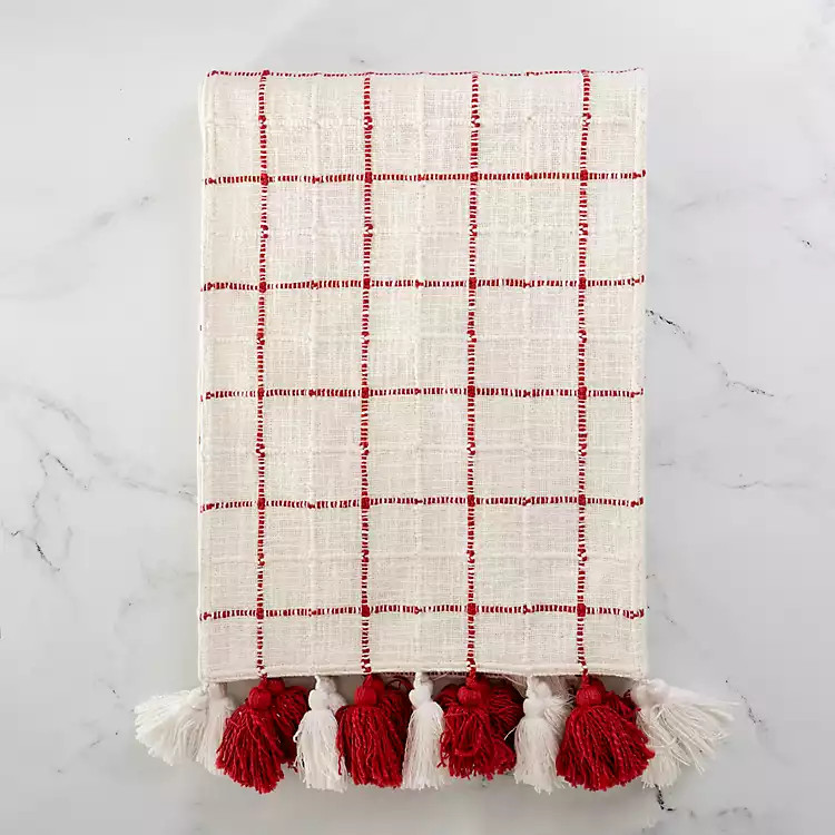 New! White and Red Grid Tassel Table Runner | Kirkland's Home