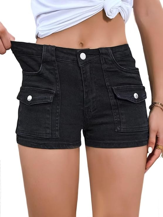 Women's Stretchy Jean Shorts Mid Waisted Twill Shorts Stretch Junior Booty Denim Shorts with Pock... | Amazon (US)