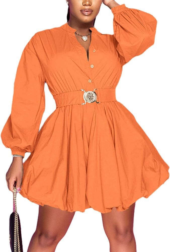 Uni Clau Womens Button Down Shirt Dress Long Sleeve A-Line Casual Puffy Short Mini Dress with Bel... | Amazon (US)