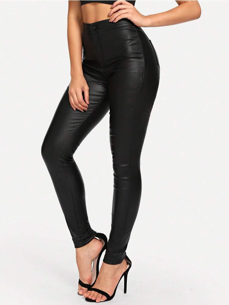 SHEIN Relaxiva Women's Solid Color PU Leather Skinny Fashion Pants | SHEIN