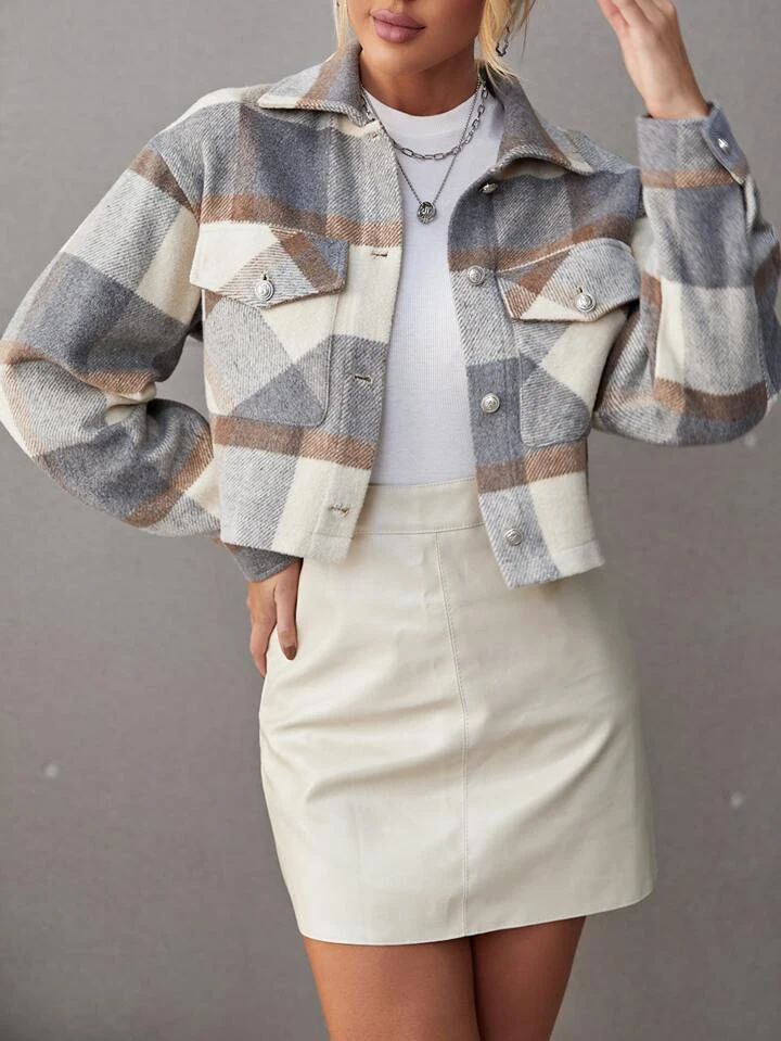 SHEIN Essnce Plaid Print Drop Shoulder Crop Overcoat | SHEIN