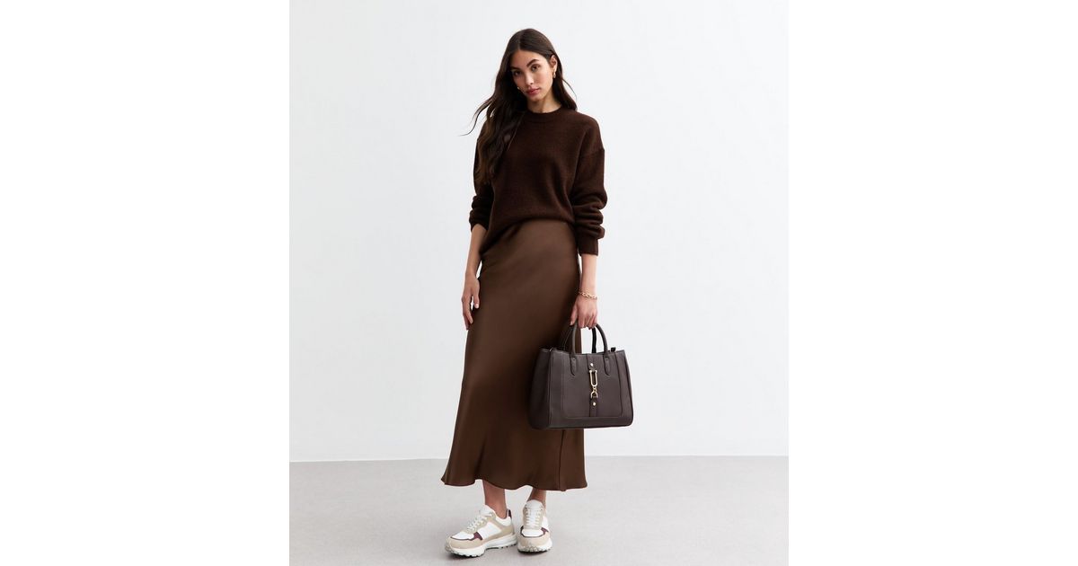 Dark Brown Satin Midi Skirt | New Look | New Look (UK)