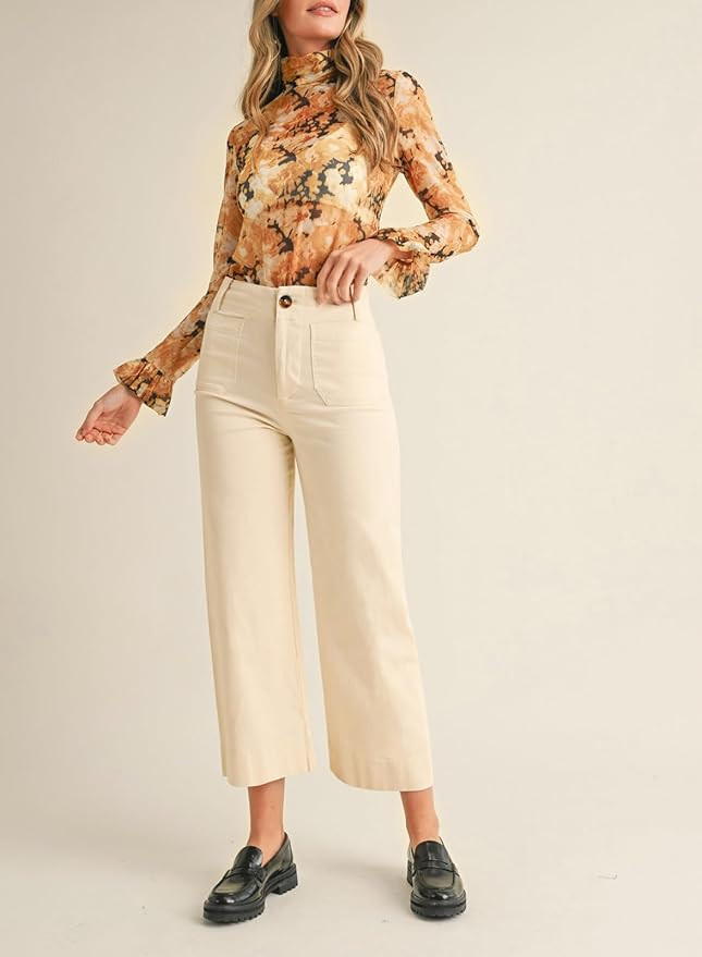 miduo Womens High Waisted Cropped Wide Leg Stretchy Straight Pants Trousers with Pockets | Amazon (US)