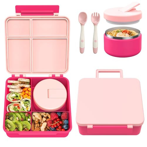 Pawtong Bento Lunch Box with 8oz Soup Thermo, Kids Leakproof Lunch Food Containers with 4 Compartment, Kids Thermo Insulated Hot Food Jar for School, Trvael - (Pink) | Amazon (US)