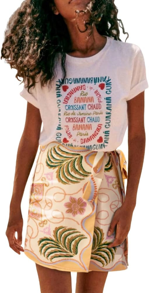 Womens Summer Floral Wrap Short Skirt Tie Side High Waist A Line Beach Vacation Boho Mini Skirt | Amazon (US)