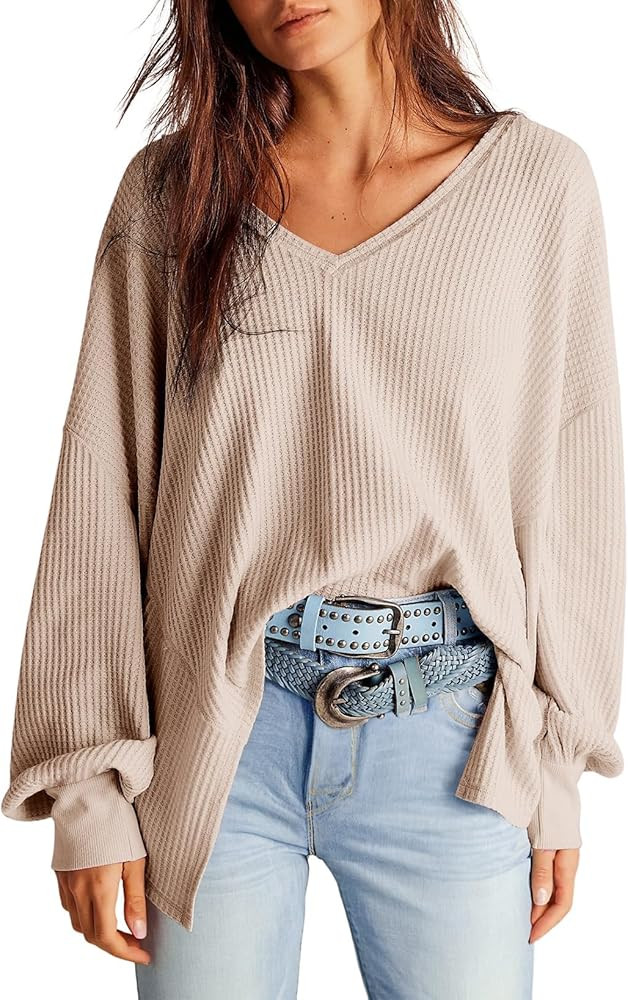 Dokotoo Womens Waffle Knit Tops Fashion 2026 Long Lantern Sleeve Casual Blouses V Neck Oversized ... | Amazon (US)
