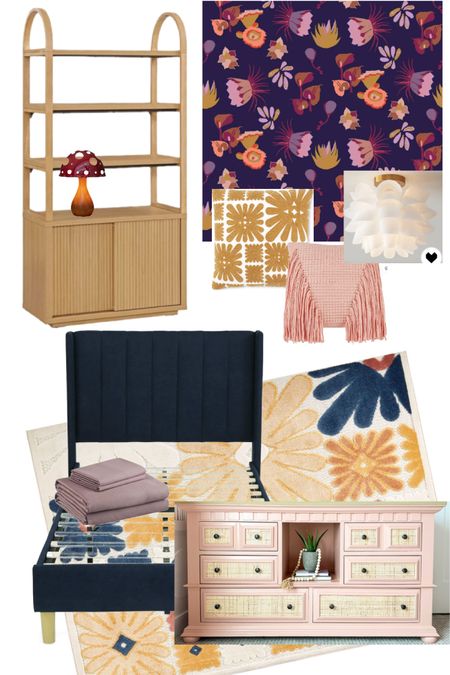 A colorful shared girls room with flower power! 
Upholstered twin beds, 
floral wallpaper peel and stick 
Fluted armoire shelving unit (quality is so good)
Throw pillows 
Flower rug 
Trying to do this spring refresh for under $1200! @walmart #walmartpartner 
#walmarthome

#LTKkids #LTKfamily #LTKhome