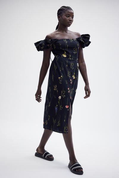 Linen-blend Off-the-shoulder Dress - Black/floral - Ladies | H&M US | H&M (US + CA)