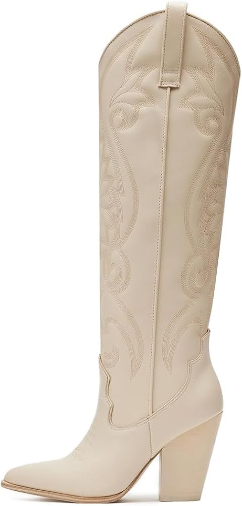 VOMIRA Knee High Cowboy Boots for Women Pointed Toe Chunky High Heels Pull-on Embroidered Boots W... | Amazon (US)