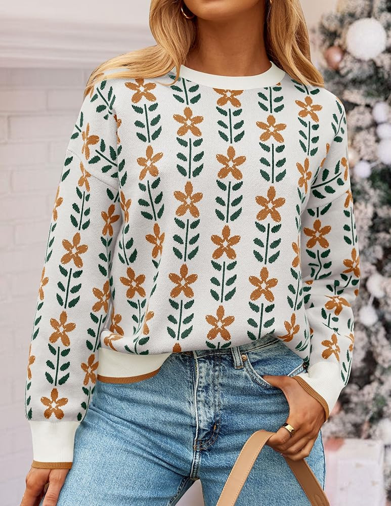 ZESICA Women's Long Sleeve Crewneck Sweater 2024 Fall Printed Cute Oversized Knitted Pullover Top... | Amazon (US)