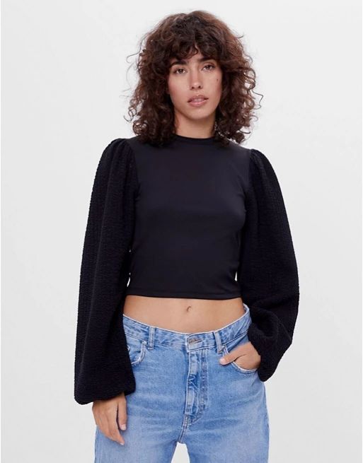 Bershka volume textured sleeve top in black | ASOS (Global)