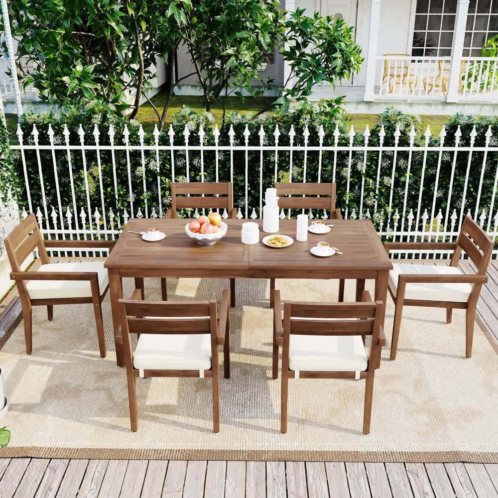 Coolbibila Modern 7-Piece Brown Acacia Wood Outdoor Dining Set Cushioned Large Table Stackable Chairs Patio Lawn Garden Polyester | JESSICA-SET-BROWN | Lowe's