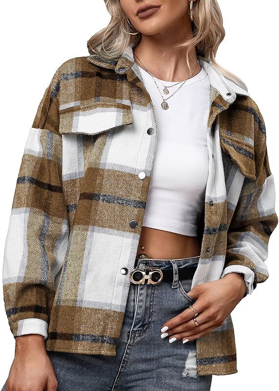 Womens Plaid Shacket/Jacket- Oversized Wool Loose Lapel Coat Button Down Long Sleeve Shacket Shir... | Amazon (US)