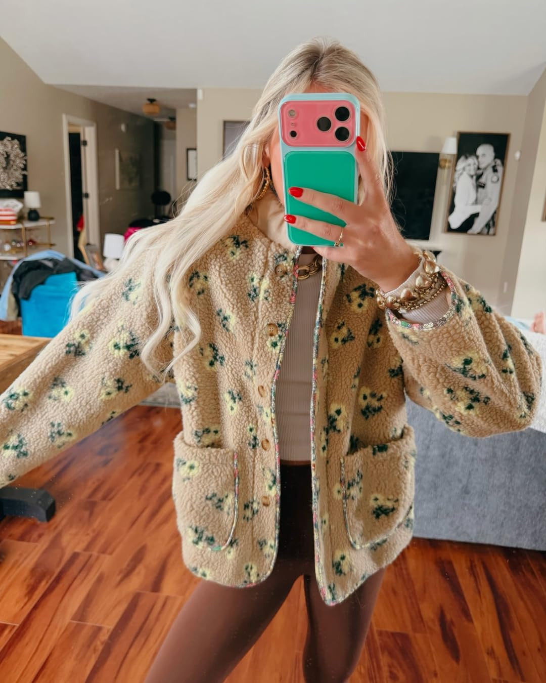 Dqbeng Womens Floral Sherpa Fleece Jacket Long Sleeve Button Up Oversized Casual Teddy Coats Oute... | Amazon (US)