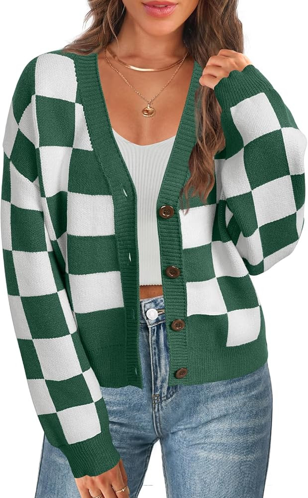 MEROKEETY Women's Cropped Cardigan Sweater Plaid Long Sleeve Button V Neck Open Front Knit Outerw... | Amazon (US)