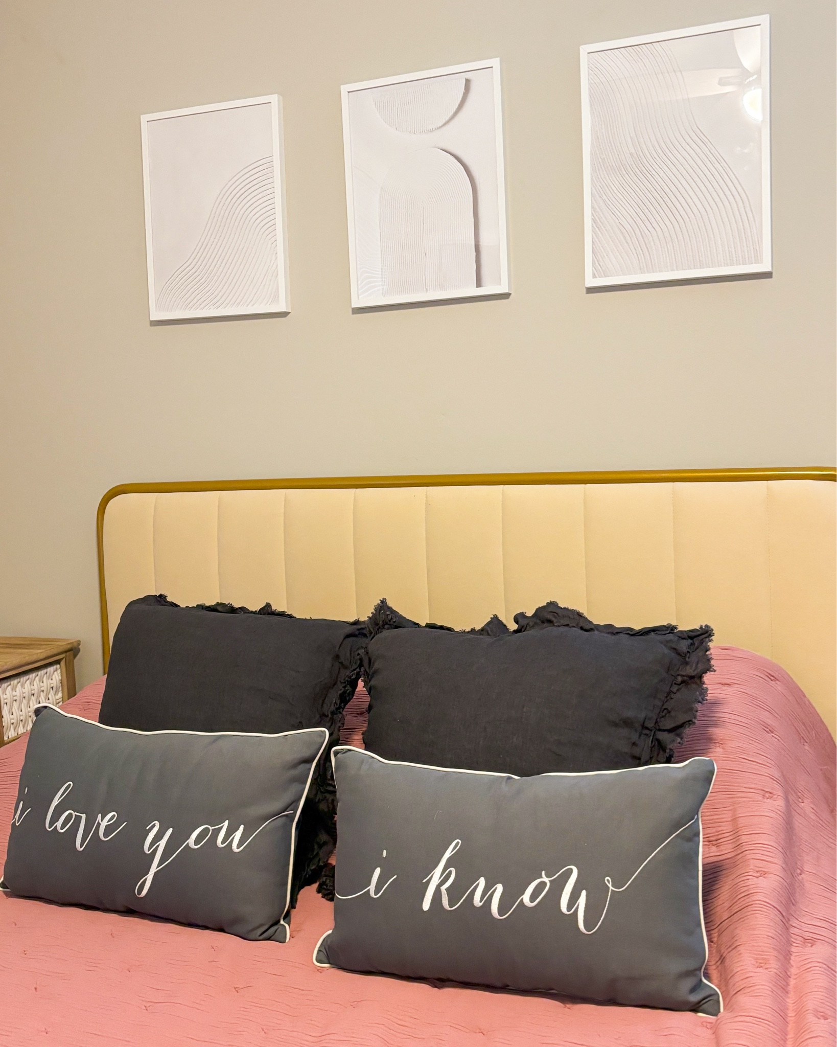 Transforming our bedroom walls with these framed prints from @desenio I love how these look like there is texture and depth to these prints. Just hanging them up added so much to our decor. 😍#desenio 
•
•
•
#prints #homedecor #decorate #decoratewithme #masterbedroom #trio #photowall #framedwallart #diy #raleighnc #interiordesign #designer #decorinspo #designinspiration #cuteprints #printdesign #texture #iloveyouiknow #starwars #pinkbedding #homesweethome #homedecoration 

#LTKHome #LTKStyleTip #LTKFindsUnder50