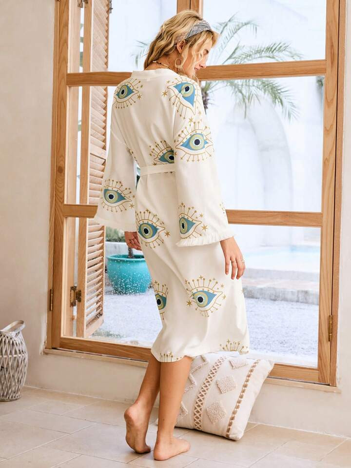 Lullawish Fashionable Women's Bubble Eye Print Wrinkle Sleepwear Bathrobe, Suitable For Summer | SHEIN