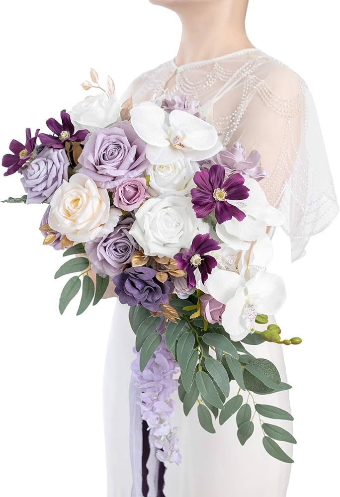 Ling's Moment Purple Cascading Bridal Bouquet, 11 Inch Wedding Bouquets for Bride, Bridal Bouquet... | Amazon (US)
