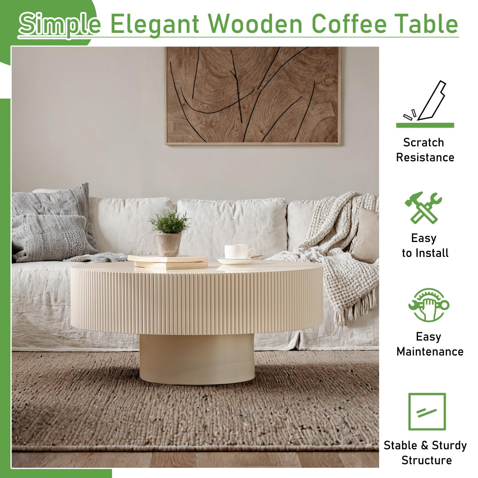 Modern Round Coffee Table for Living Room Drum Round Fluted Coffee Table Circular Pedestal Center... | Amazon (US)